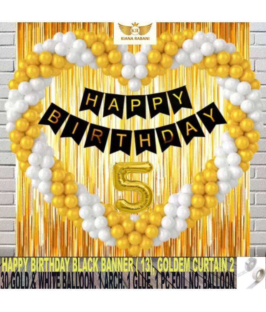     			KR 5TH HAPPY BIRTHDAY PARTY DECORATION WITH HAPPY BIRTHDAY BLACK BANNER(13), 2 GOLD CURTAIN 30 GOLD WHITE BALLOON 1 ARCH 1 GLUE 5 NO.GOLD FOIL BALLOON