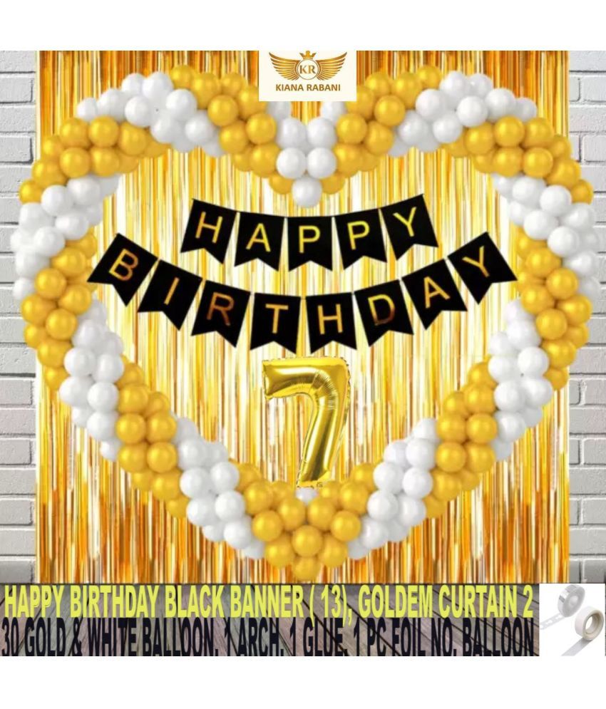     			KR 7TH HAPPY BIRTHDAY PARTY DECORATION WITH HAPPY BIRTHDAY BLACK BANNER(13), 2 GOLD CURTAIN 30 GOLD WHITE BALLOON 1 ARCH 1 GLUE 7 NO.GOLD FOIL BALLOON