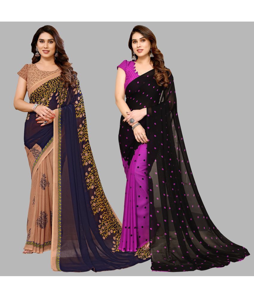     			Kashvi Sarees Georgette Printed Saree With Blouse Piece - Multicolour ( Pack of 2 )