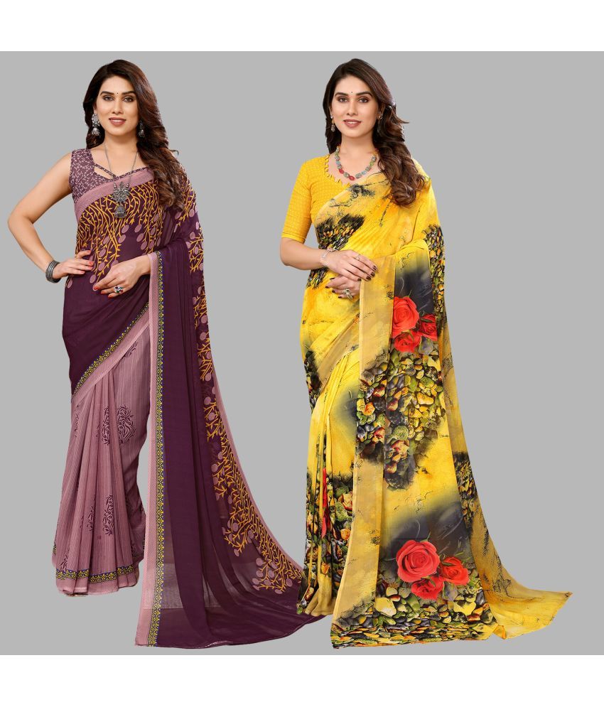     			Kashvi Sarees Georgette Printed Saree With Blouse Piece - Multicolour ( Pack of 2 )