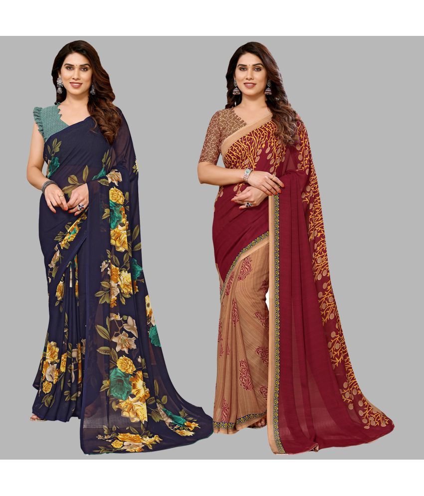     			Kashvi Sarees Georgette Printed Saree With Blouse Piece - Multicolour ( Pack of 2 )