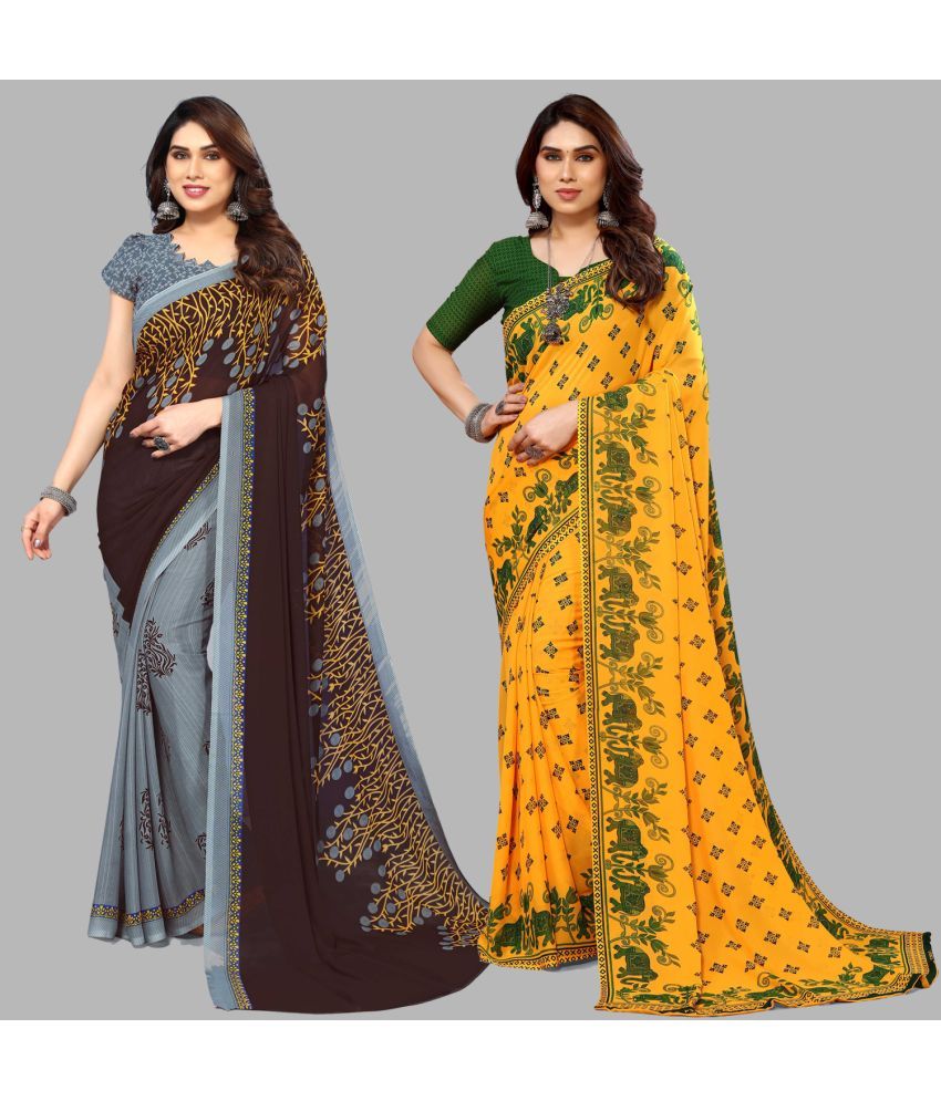     			Kashvi Sarees Georgette Printed Saree With Blouse Piece - Multicolour ( Pack of 2 )