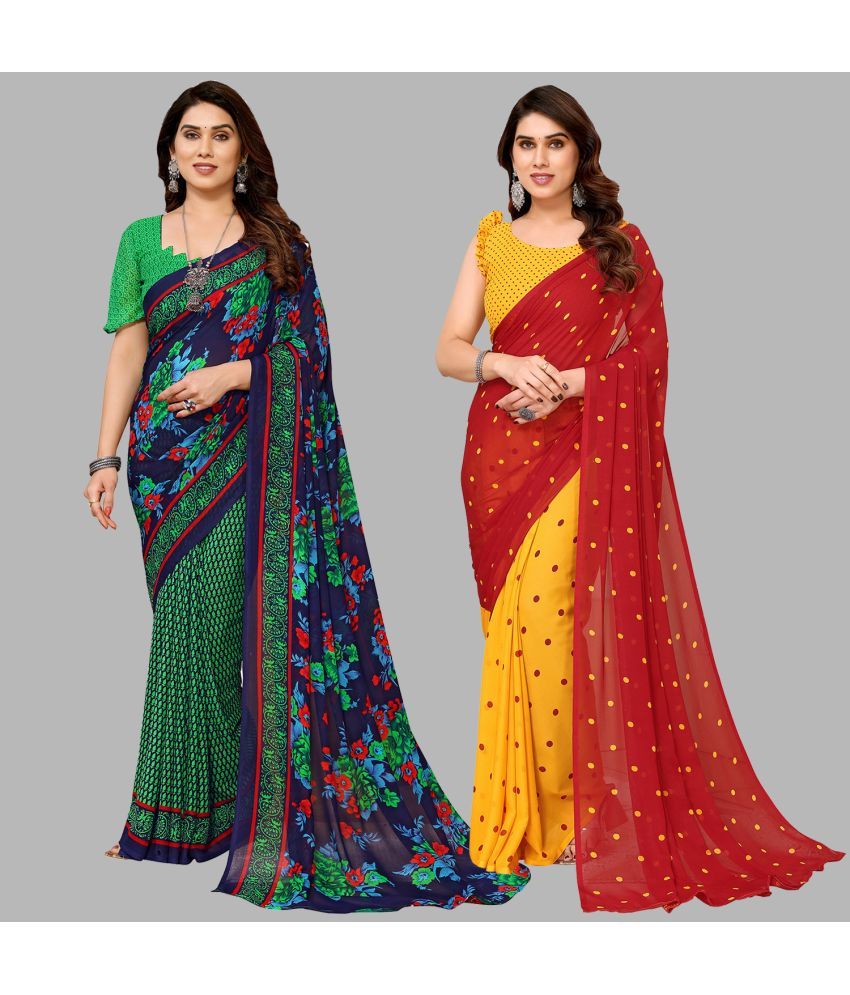     			Kashvi Sarees Georgette Printed Saree With Blouse Piece - Multicolour ( Pack of 2 )