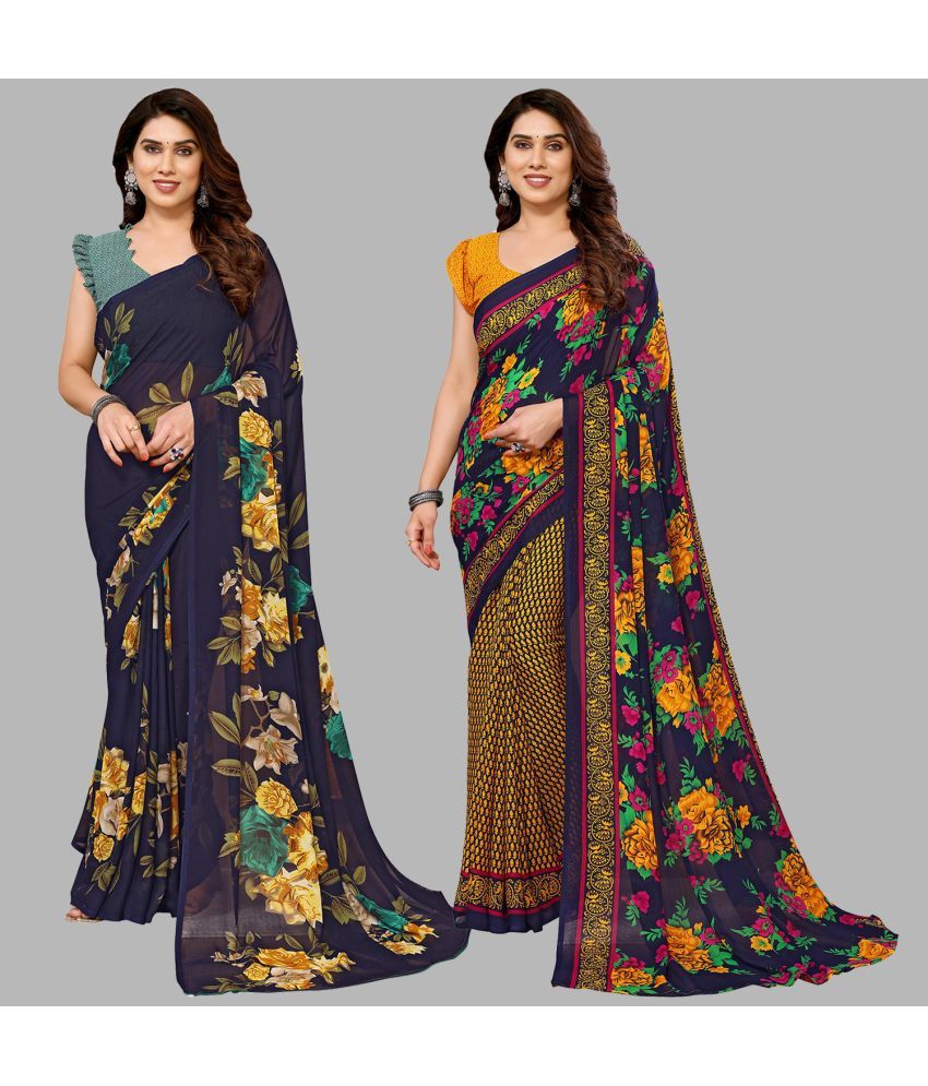     			Kashvi Sarees Georgette Printed Saree With Blouse Piece - Multicolour ( Pack of 2 )