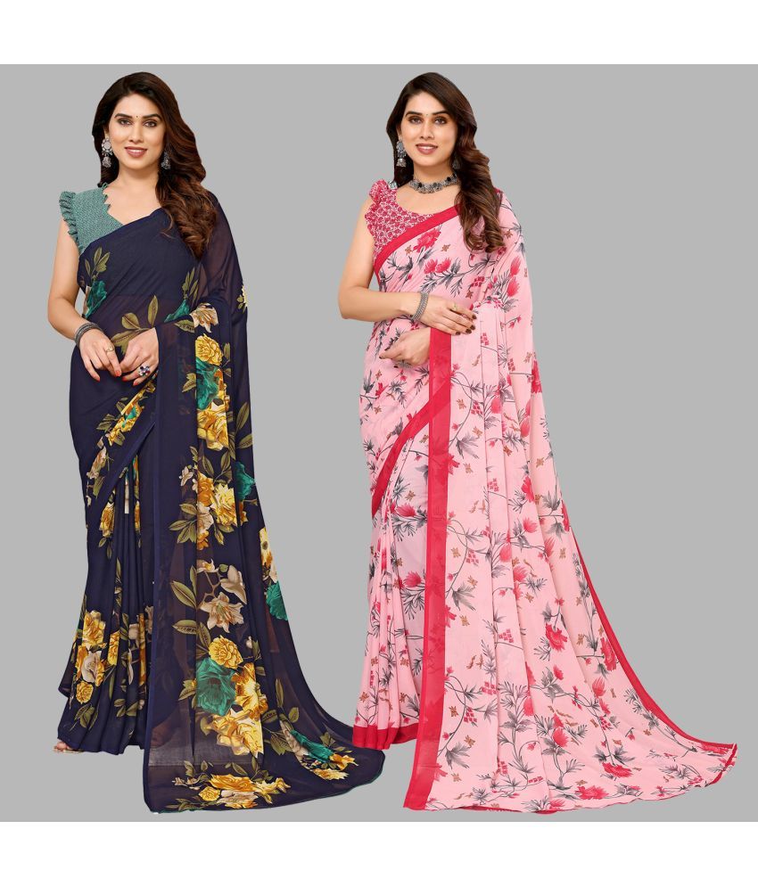     			Kashvi Sarees Georgette Printed Saree With Blouse Piece - Multicolour ( Pack of 2 )