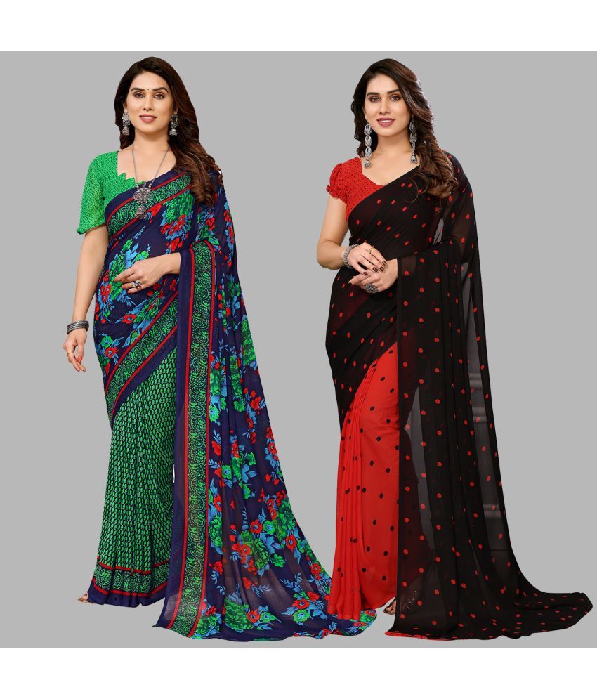     			Kashvi Sarees Georgette Printed Saree With Blouse Piece - Multicolour ( Pack of 2 )