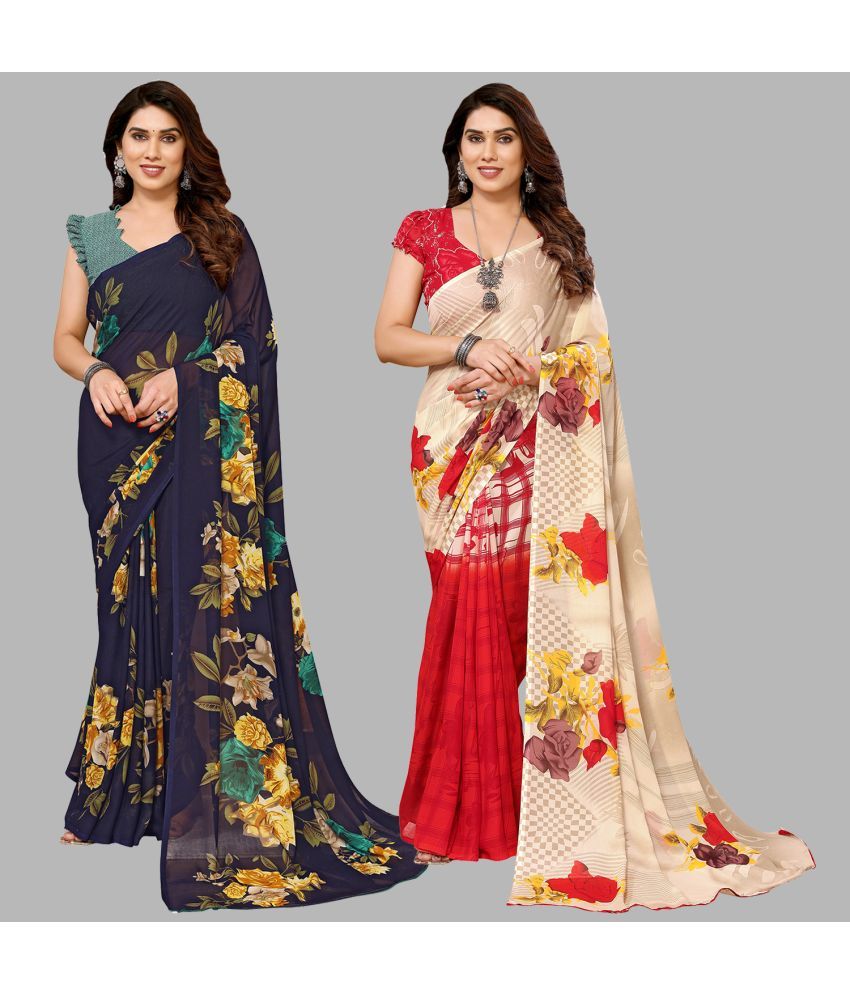     			Kashvi Sarees Georgette Printed Saree With Blouse Piece - Multicolour ( Pack of 2 )