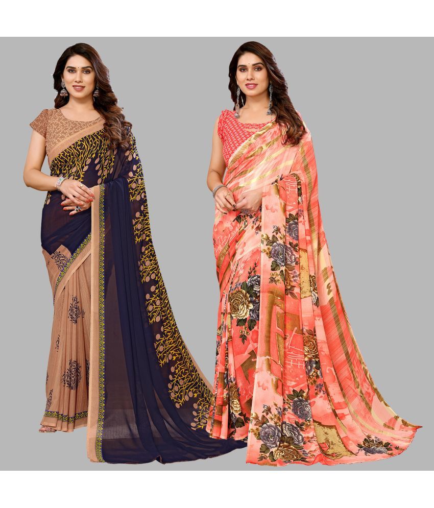     			Kashvi Sarees Georgette Printed Saree With Blouse Piece - Multicolour ( Pack of 2 )