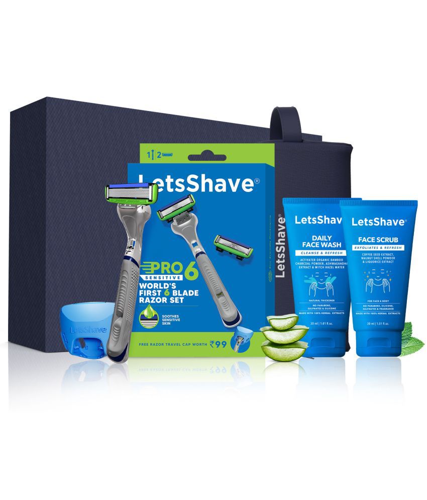     			LetsShave Pro 6 Sensitive Premium gift set for Men with After Shave Balm, Shave Foam, Leather Pouch, Safety Cap & 4 x Pro 6 Cartridges