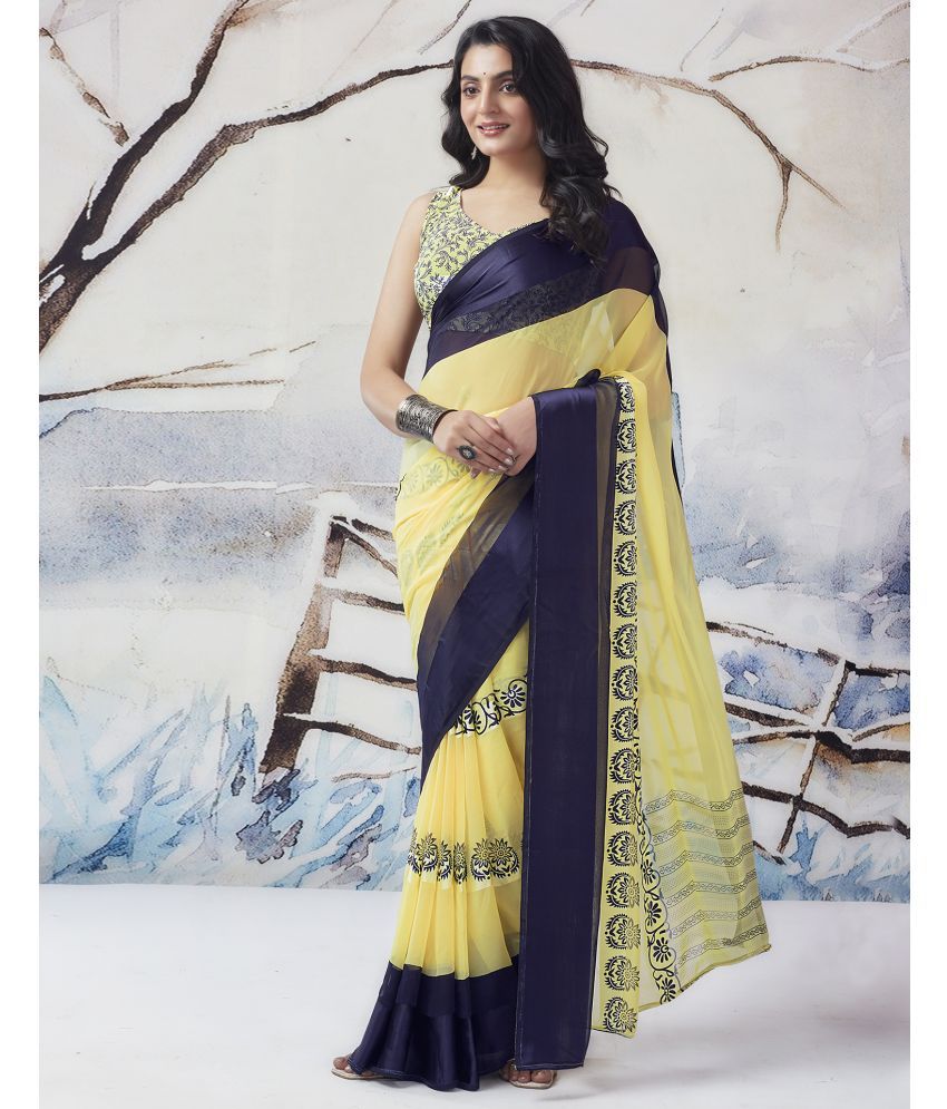     			Samah Georgette Printed Saree With Blouse Piece - Yellow ( Pack of 1 )