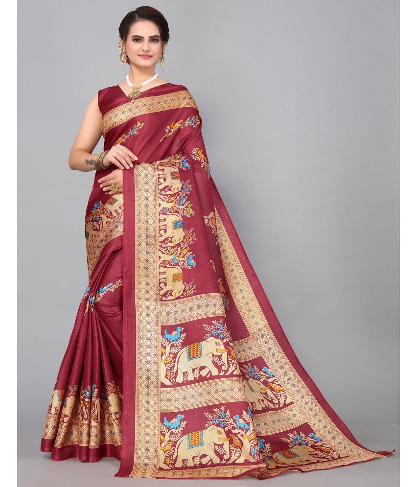     			Samah Silk Printed Saree With Blouse Piece - Maroon ( Pack of 1 )