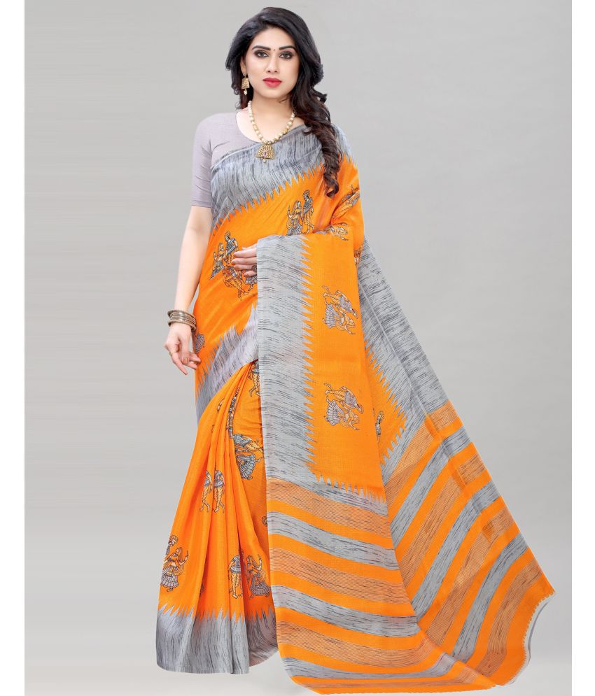     			Samah Silk Printed Saree With Blouse Piece - Orange ( Pack of 1 )
