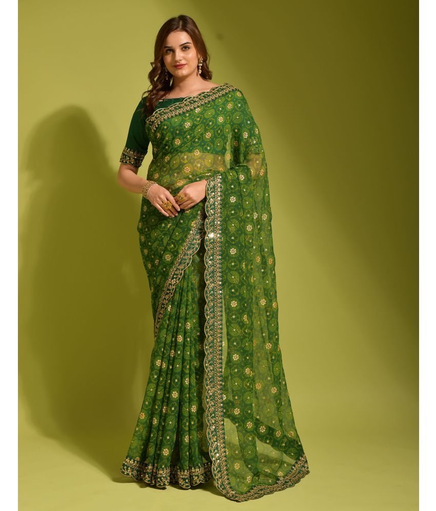     			Satrani Chiffon Printed Saree With Blouse Piece - LightGreen ( Pack of 1 )