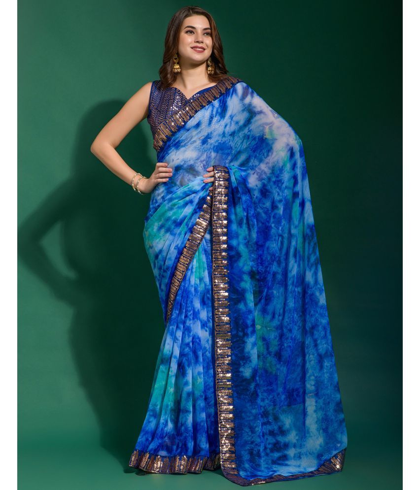     			Satrani Chiffon Printed Saree With Blouse Piece - Blue ( Pack of 1 )