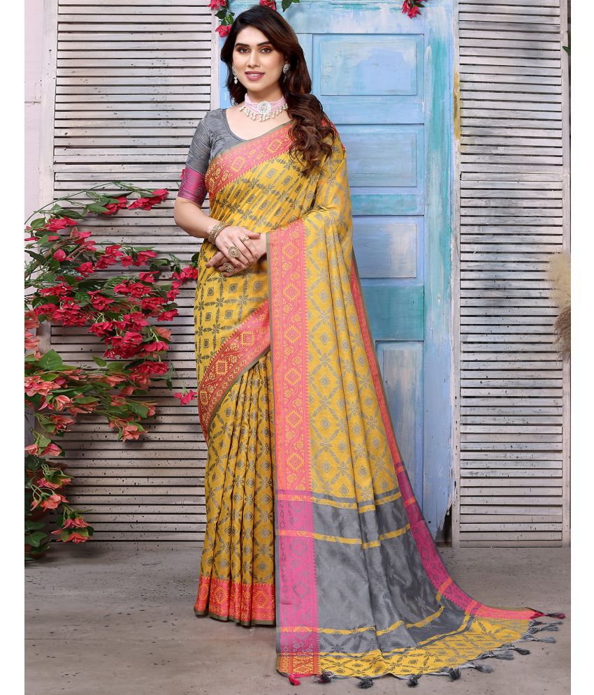     			Satrani Cotton Silk Woven Saree With Blouse Piece - Yellow ( Pack of 1 )