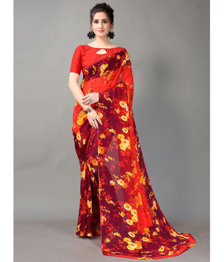     			Aarrah Georgette Printed Saree With Blouse Piece - Maroon ( Pack of 1 )