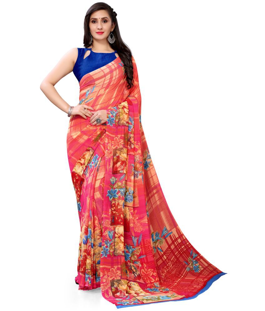     			Aarrah Georgette Printed Saree With Blouse Piece - Pink ( Pack of 1 )