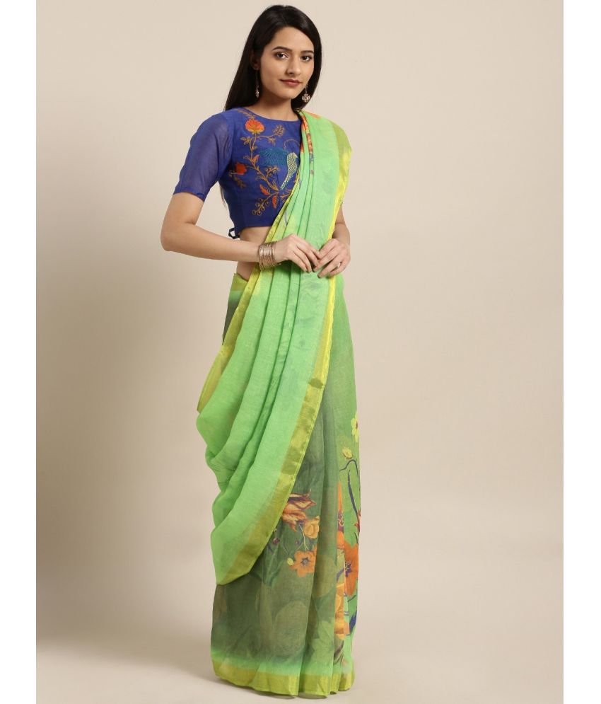     			Aarrah Linen Printed Saree With Blouse Piece - Green ( Pack of 1 )