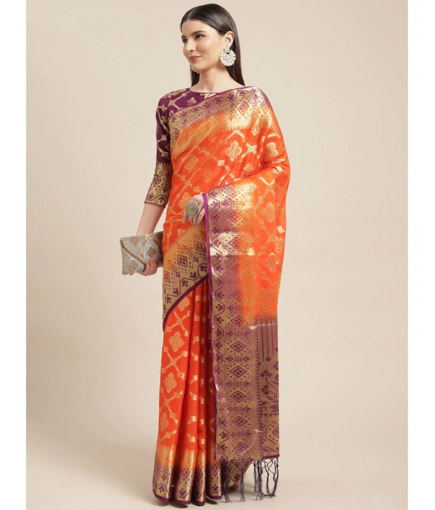     			Aarrah Silk Blend Printed Saree With Blouse Piece - Orange ( Pack of 1 )