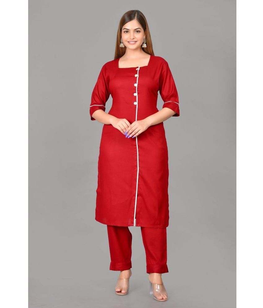     			CANVIR Rayon Solid Kurti With Pants Women's Stitched Salwar Suit - Maroon ( Pack of 1 )