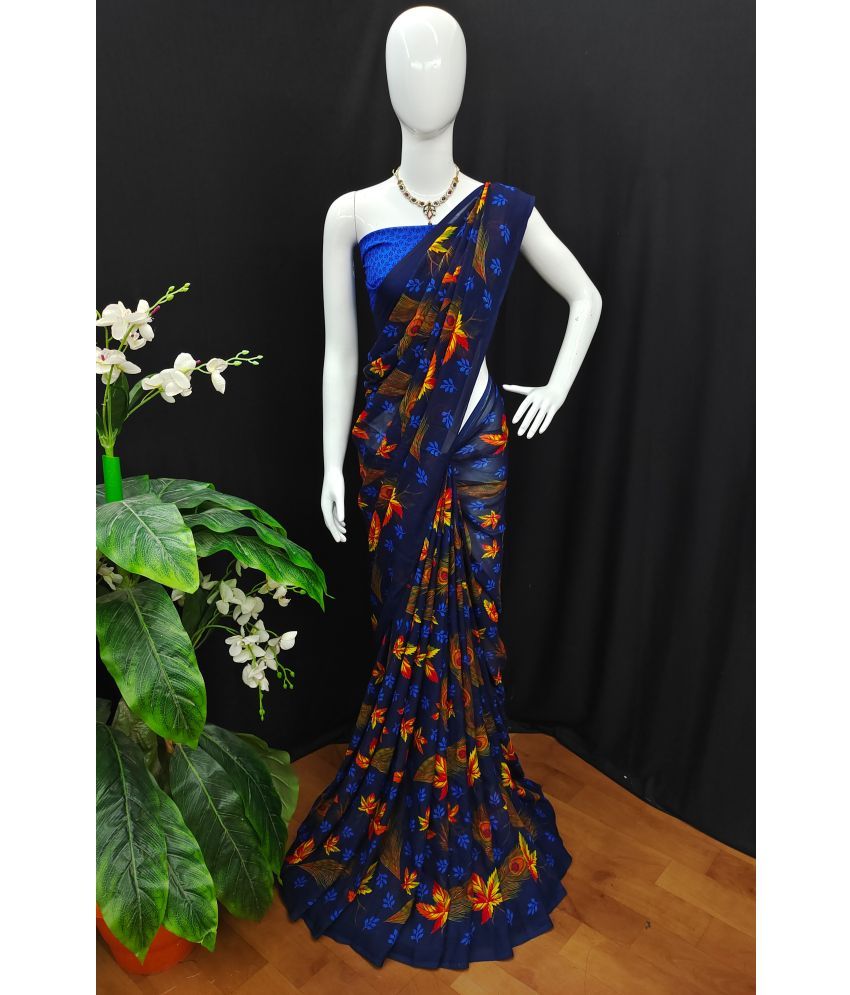     			Kashvi Sarees Georgette Printed Saree With Blouse Piece - Navy Blue ( Pack of 1 )