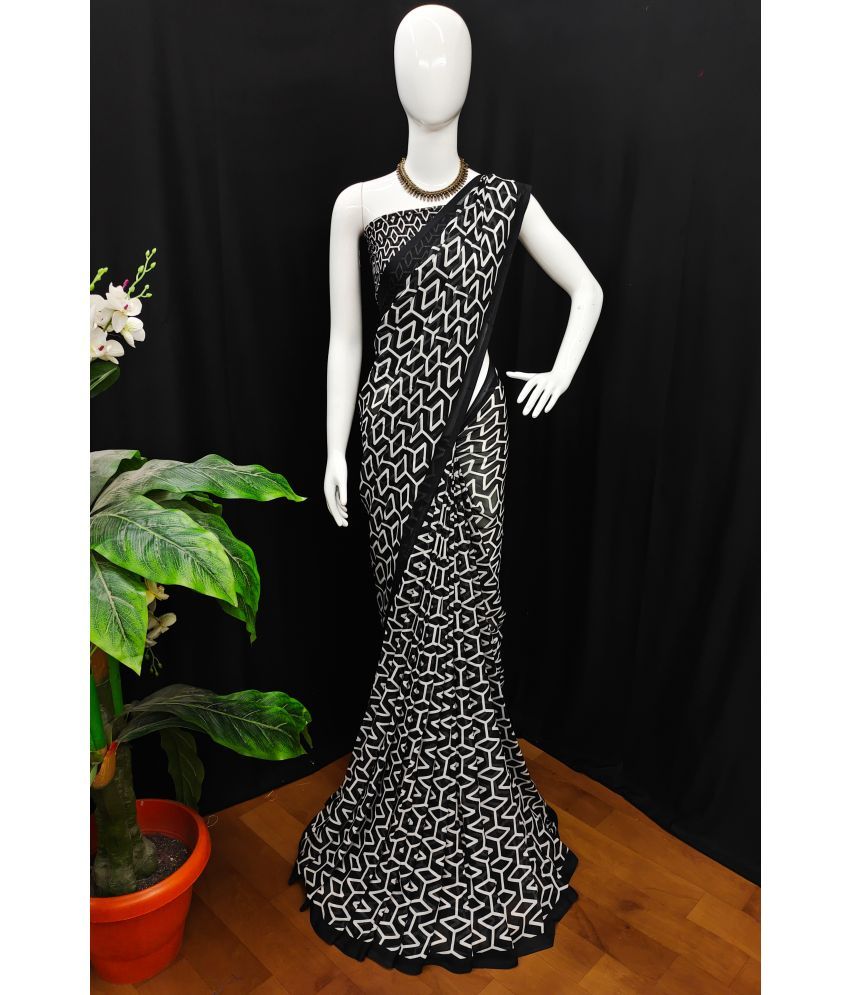     			Kashvi Sarees Georgette Printed Saree With Blouse Piece - Black ( Pack of 1 )