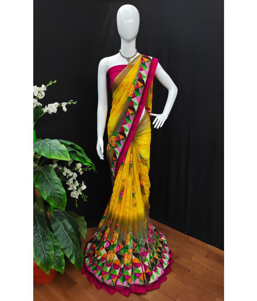     			Kashvi Sarees Georgette Printed Saree With Blouse Piece - Yellow ( Pack of 1 )