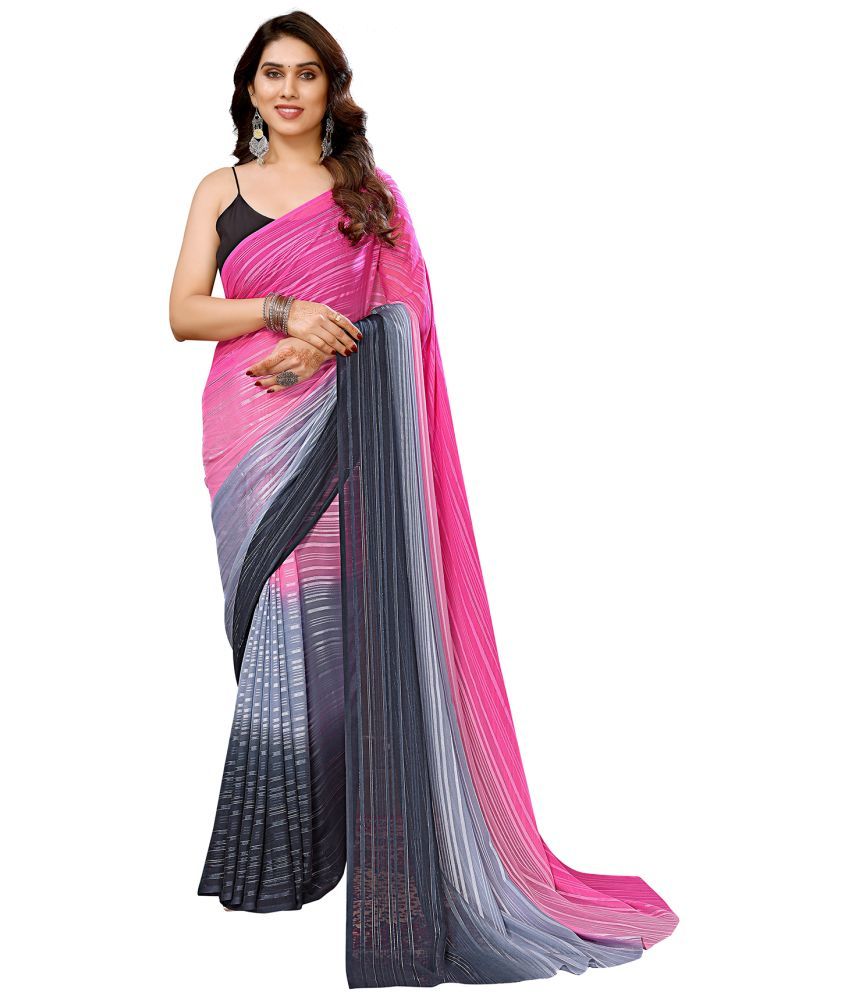     			Kashvi Sarees Satin Striped Saree With Blouse Piece - Pink ( Pack of 1 )