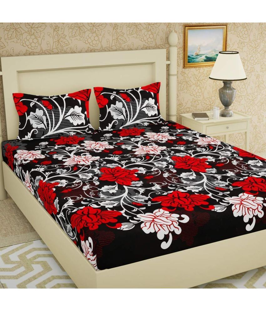     			Modefe Poly Cotton Floral 1 Double Bedsheet with 2 Pillow Covers - Black