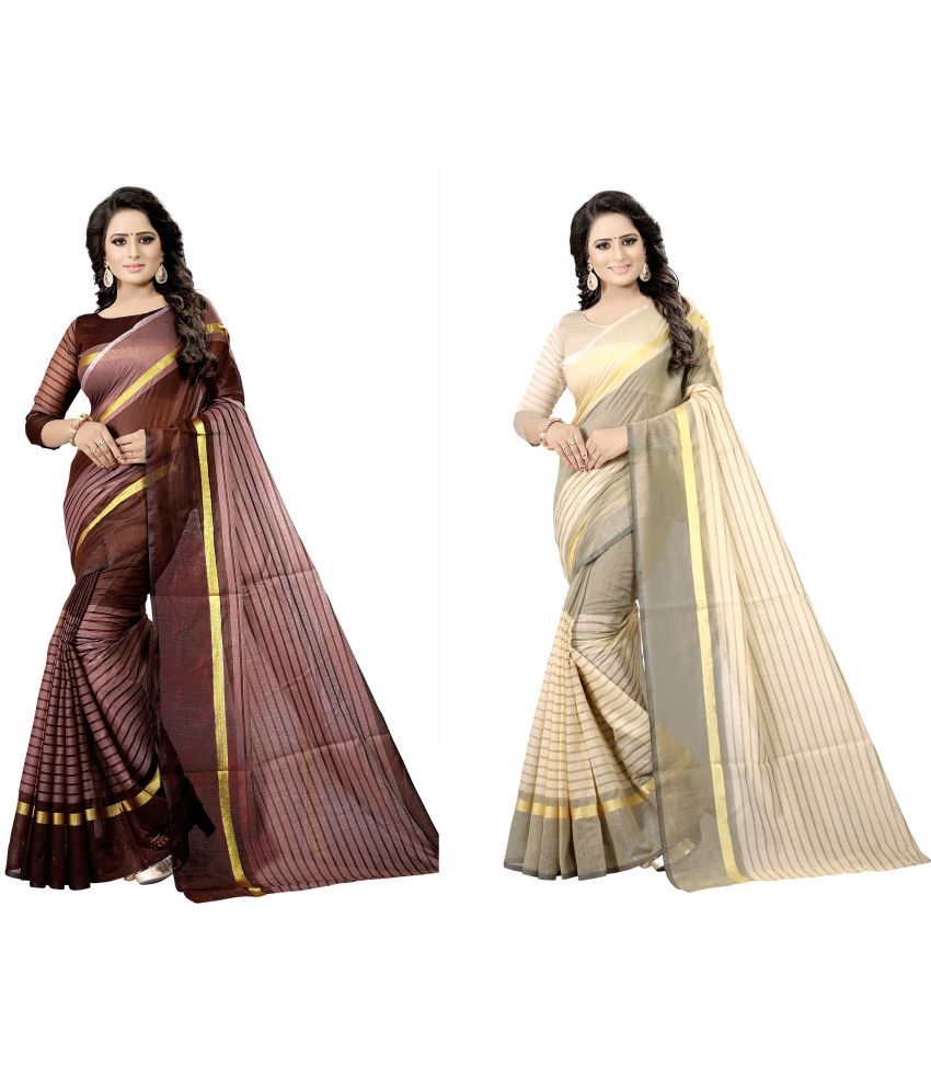     			Saadhvi Cotton Silk Printed Saree With Blouse Piece - Brown ( Pack of 2 )