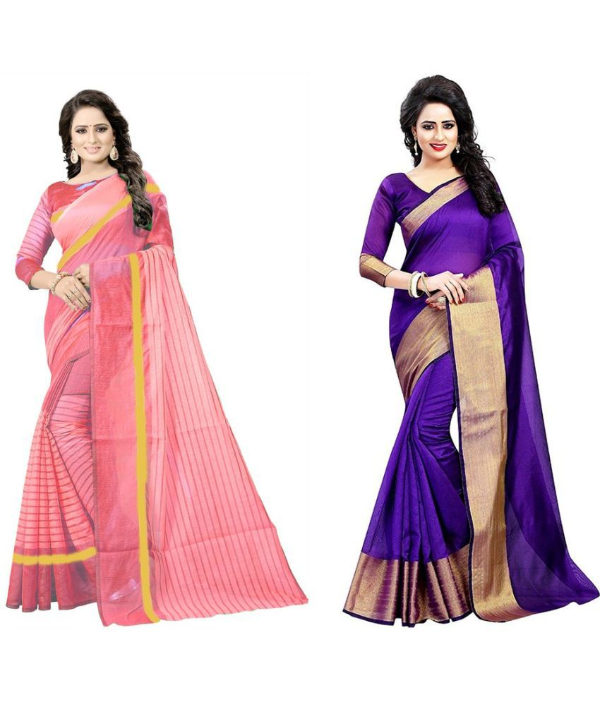     			Saadhvi Cotton Silk Printed Saree With Blouse Piece - Purple ( Pack of 2 )
