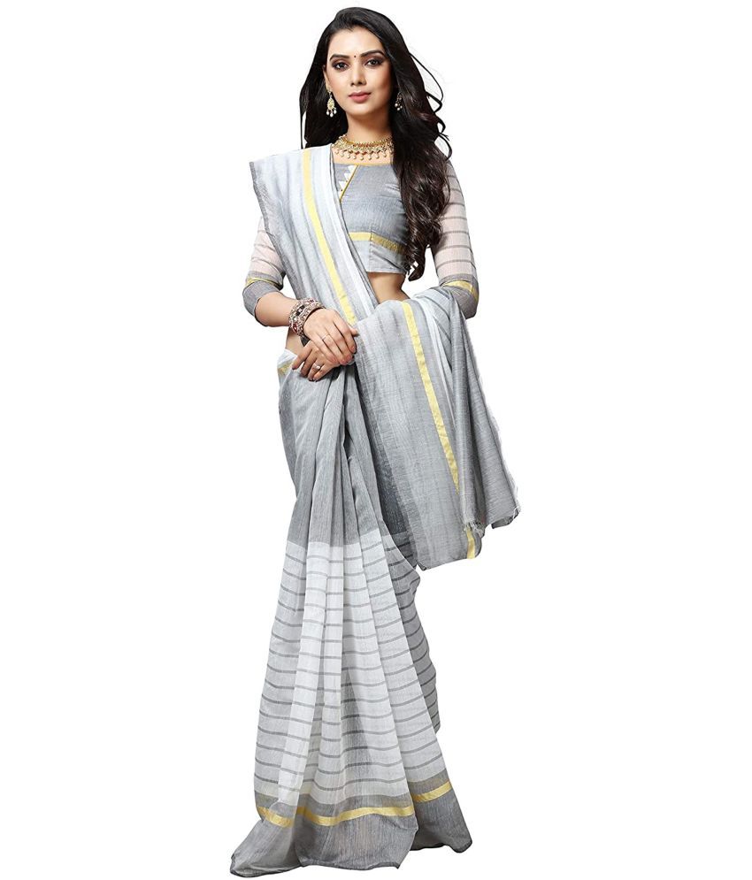     			Saadhvi Cotton Silk Printed Saree With Blouse Piece - White ( Pack of 2 )