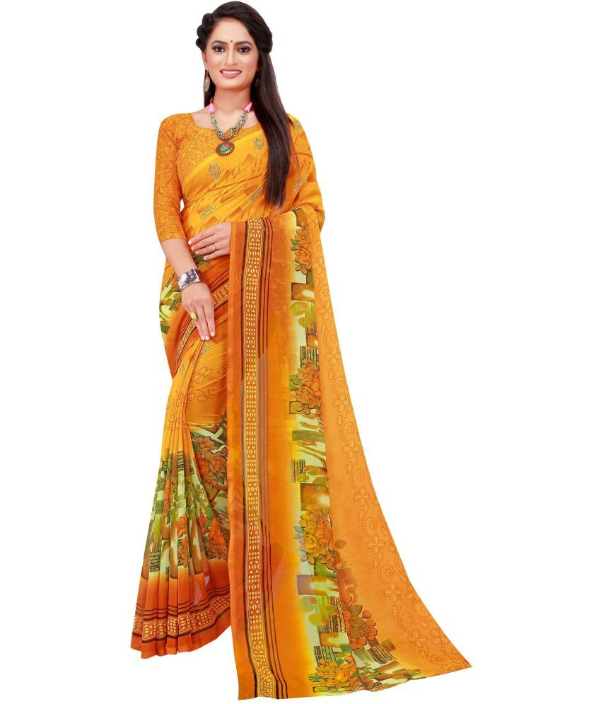     			Saadhvi Georgette Printed Saree With Blouse Piece - Yellow ( Pack of 1 )