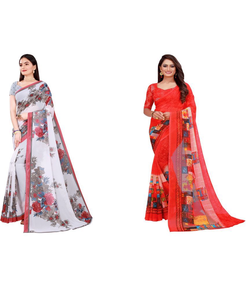     			Saadhvi Georgette Printed Saree With Stitched Blouse - Multicolour ( Pack of 2 )