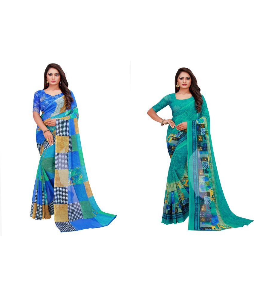     			Saadhvi Georgette Printed Saree With Blouse Piece - Multicolour ( Pack of 2 )