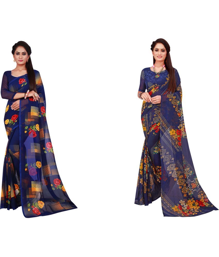     			Saadhvi Georgette Printed Saree With Blouse Piece - Blue ( Pack of 2 )