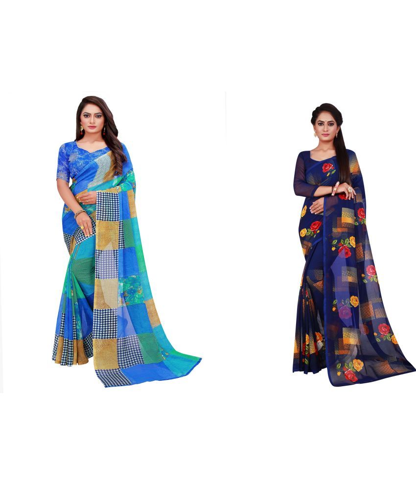     			Saadhvi Georgette Printed Saree With Blouse Piece - Blue ( Pack of 2 )