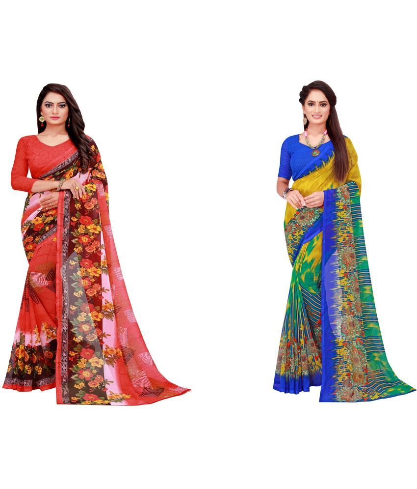     			Saadhvi Georgette Printed Saree With Blouse Piece - Multicolour ( Pack of 2 )