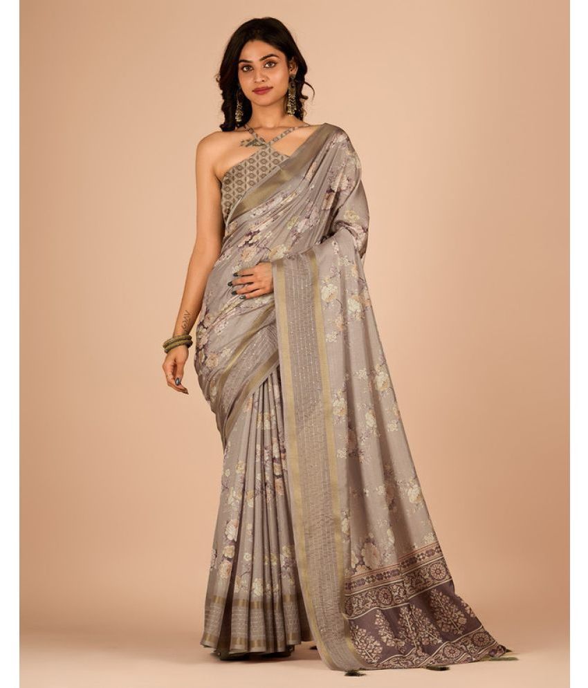     			Sitanjali Cotton Blend Printed Saree With Blouse Piece - Dark Grey ( Pack of 1 )