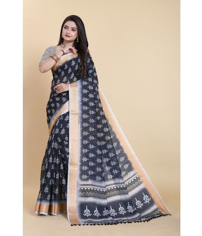     			Sitanjali Linen Printed Saree With Blouse Piece - Blue ( Pack of 1 )
