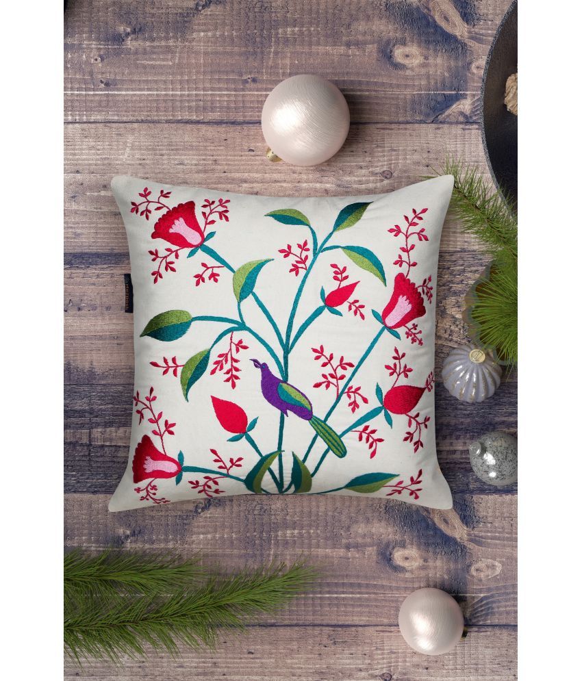     			mezposh Set of 1 Cotton Floral Square Cushion Cover (40X40)cm - Off White