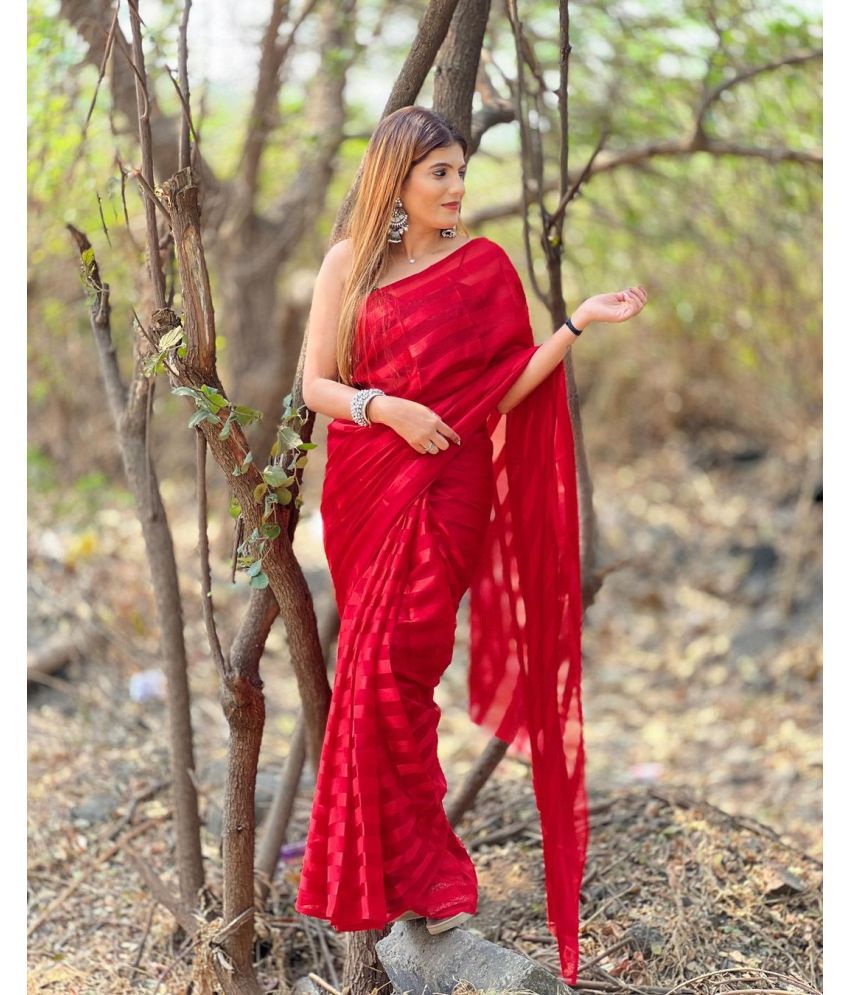     			ANAND SAREES Satin Striped Saree Without Blouse Piece - Red ( Pack of 1 )