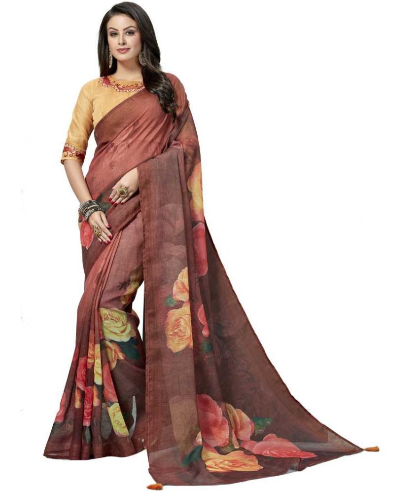     			Aarrah Linen Printed Saree With Blouse Piece - Brown ( Pack of 1 )