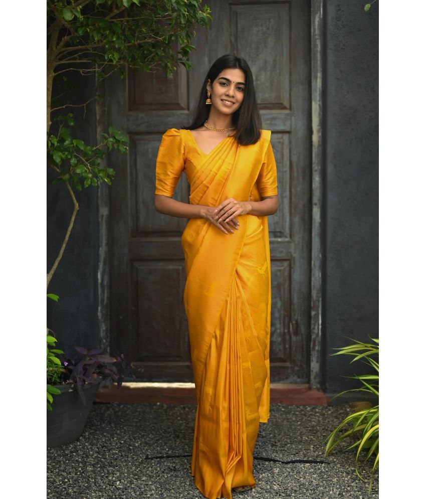     			Anjanaya  sarees Banarasi Silk Woven Saree With Blouse Piece - Yellow ( Pack of 1 )