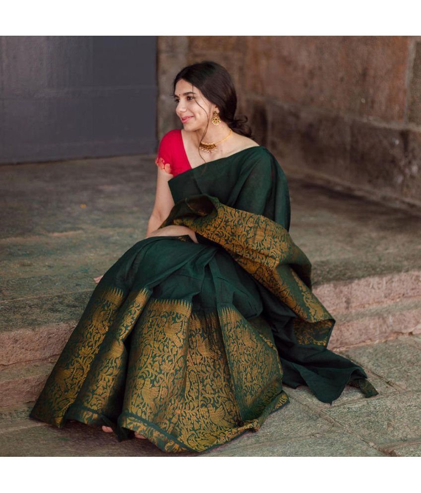     			Anjanaya  sarees Banarasi Silk Woven Saree With Blouse Piece - Green ( Pack of 1 )