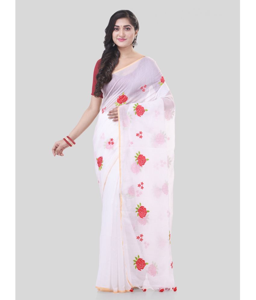     			Desh Bidesh Cotton Blend Embroidered Saree With Blouse Piece - White ( Pack of 1 )