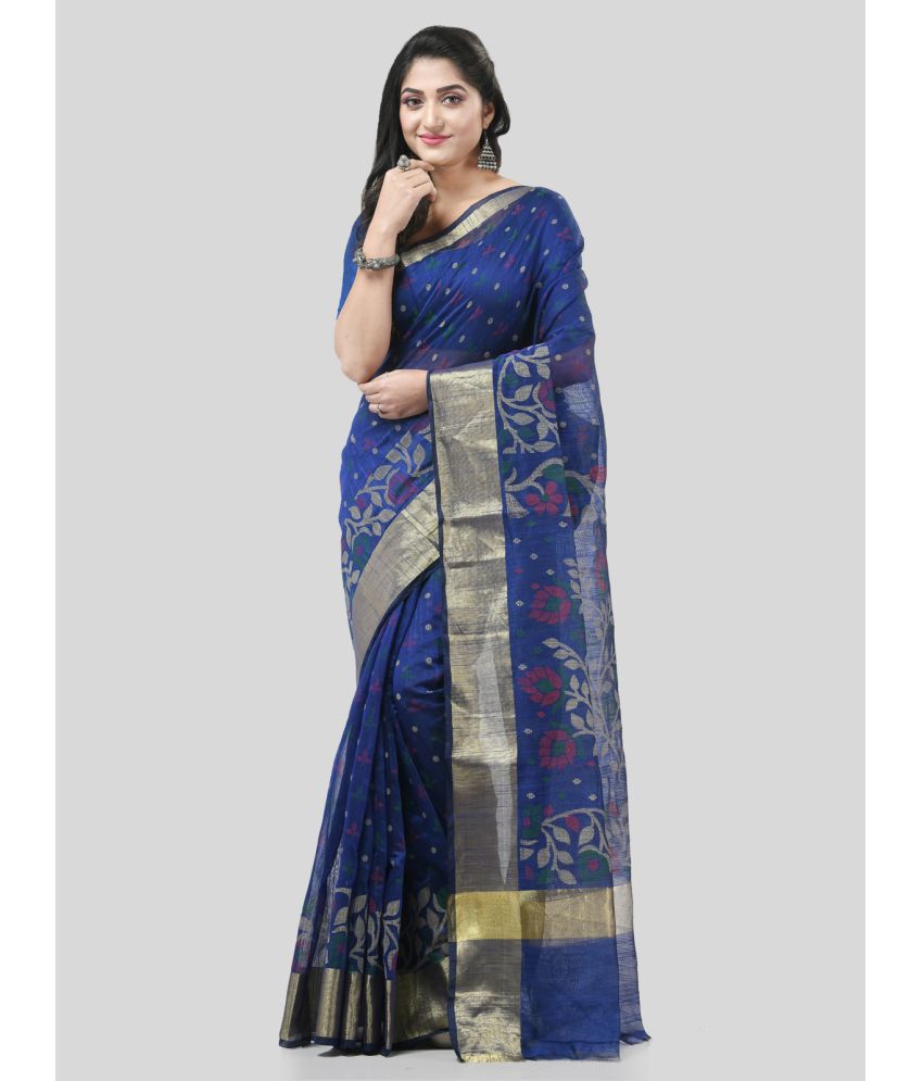     			Desh Bidesh Cotton Blend Self Design Saree With Blouse Piece - Blue ( Pack of 1 )