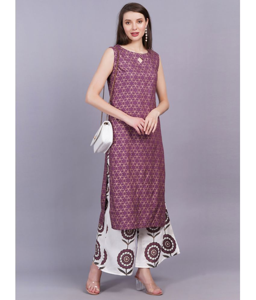     			HIGHLIGHT FASHION EXPORT Rayon Printed Kurti With Palazzo Women's Stitched Salwar Suit - Wine ( Pack of 1 )