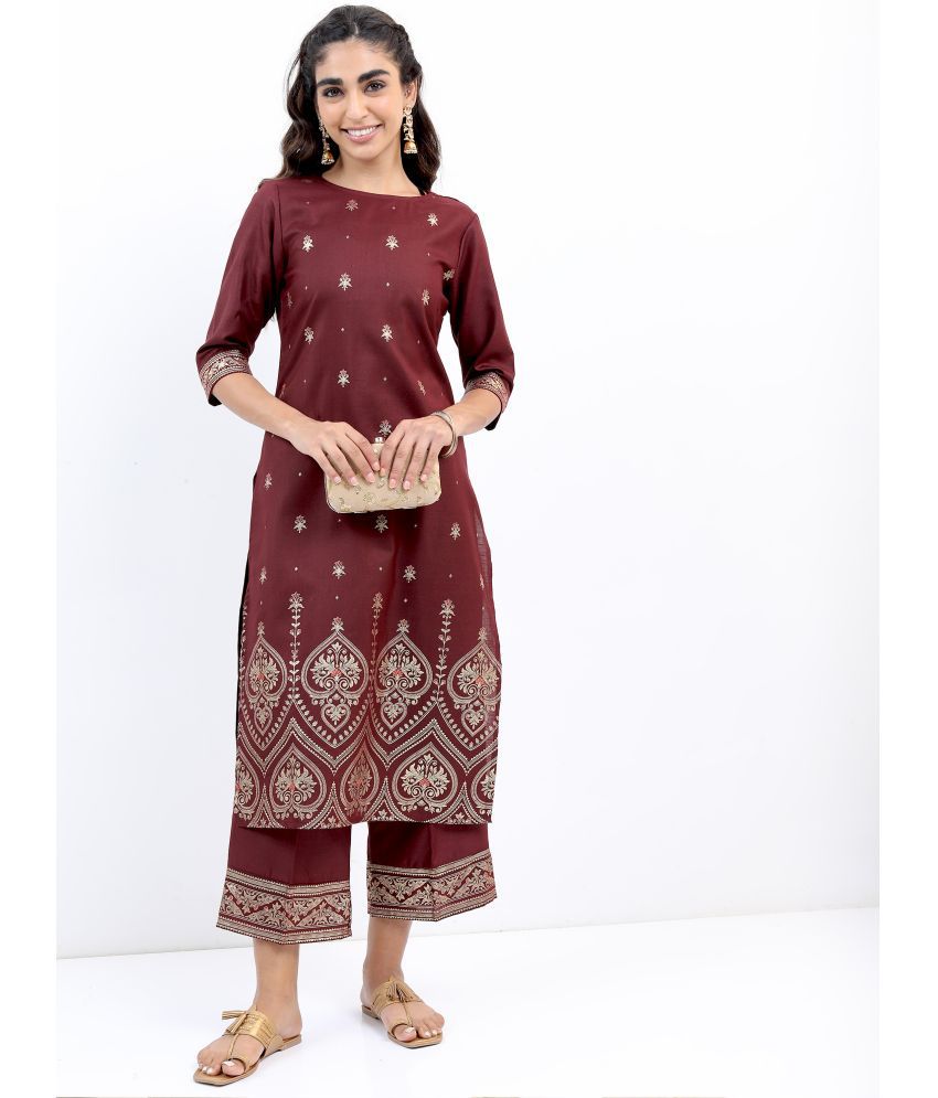     			Ketch Polyester Printed Kurti With Palazzo Women's Stitched Salwar Suit - Burgundy ( Pack of 1 )