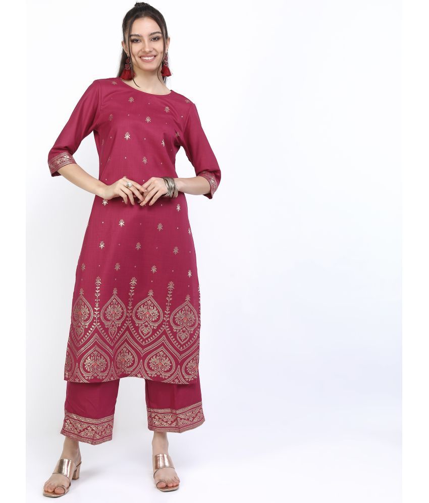     			Ketch Polyester Printed Kurti With Palazzo Women's Stitched Salwar Suit - Pink ( Pack of 1 )